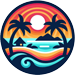 Colorful circular logo featuring a sunset over a tropical beach scene with palm trees and ocean waves.