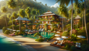 A stunning view of Bandara Resort Hotel in Koh Samui, featuring luxurious beachfront villas, an inviting swimming pool surrounded by lush greenery, and the mesmerizing turquoise sea in the background.