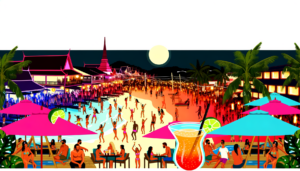 Collage of lively scenes from Chaweng's nightlife including bustling beach parties, cocktails and popular bars in Koh Samui.