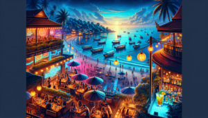 A vibrant banner showcasing various nightlife scenes in Koh Samui, including crowded beach bars, nightclubs with colorful lights, and individuals engaging in lively party environments.