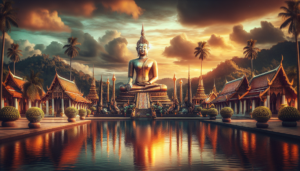 A panoramic view of the majestic Wat Phra Yai temple in Koh Samui, known for its iconic Big Buddha Statue, symbolizing Thailand's religious history and Buddhism teachings.